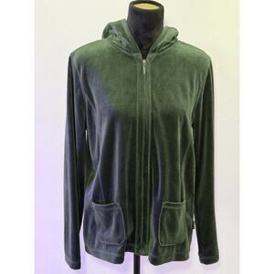 LIZ CLAIBORNE DARK GREEN VELOUR ZIP SWEATSHIRT SIZE-L VINTAGE Y2K OUTDOOR HOODIE